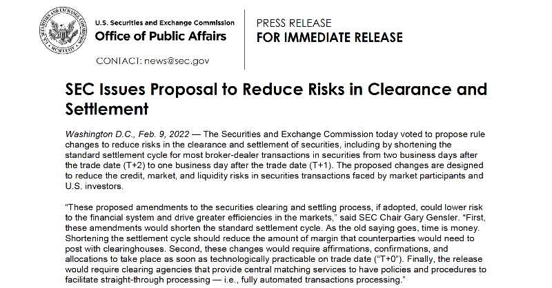 SECGov's tweet photo. Today we proposed rule changes to reduce risks in clearance and settlement of securities, including shortening standard settlement cycle transactions in securities from two business days after the trade date (T+2) to one business day after the trade date (T+1).

Read more ⬇️