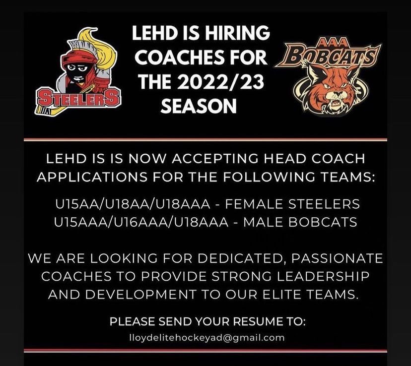 Our Lloydminster Elite Division is accepting applications for Head Coaches for next season for both their Male &amp; Female Programs. If interested please see below. ⁦<a href="/JrSteelersHKY/">Lloydminster Richardson's Jewellery Jr. Steelers</a>⁩ ⁦<a href="/LloydSteelers/">Lloydminster PWM Steelers U18 AAA</a>⁩ ⁦@RohanBobcats⁩ ⁦@AAABobcats⁩
