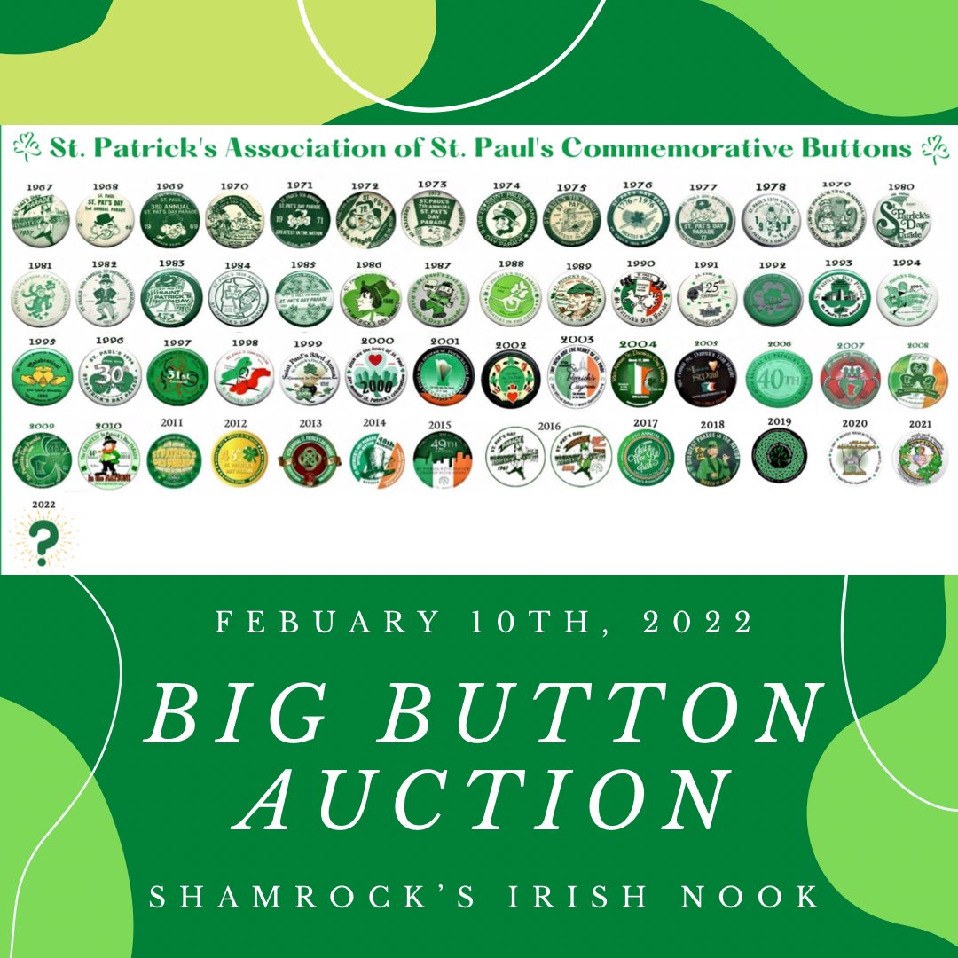 StPatsMN's tweet photo. Just a little over 24 hours until the Big Reveal! This is your chance to be one of the firsts to grab this year's commemorative St. Patrick's Day Parade Button &amp; enter our drawing to win $1,500!!! Comment below if we'll see you tomorrow night at Shamrock’s 👇🍀 https://t.co/iTAZk14YQd