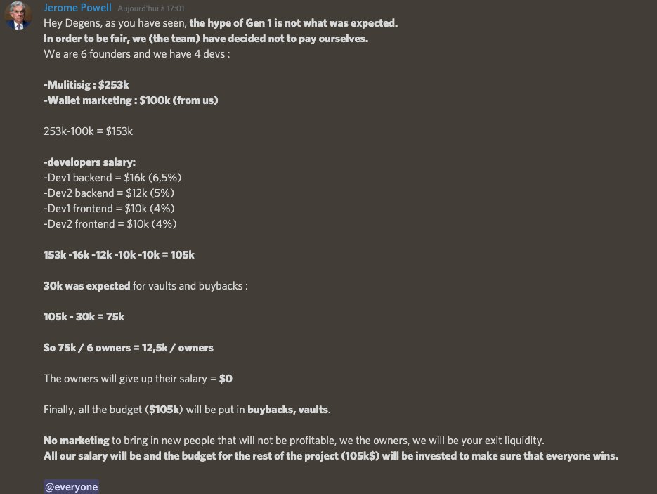 TaxOfficers's tweet image. News : 🦧
After the few problems that happened in the project, the team have decided to not get paid. 

The 105k will be invested in the project : 
 -In vault
 -In buyback