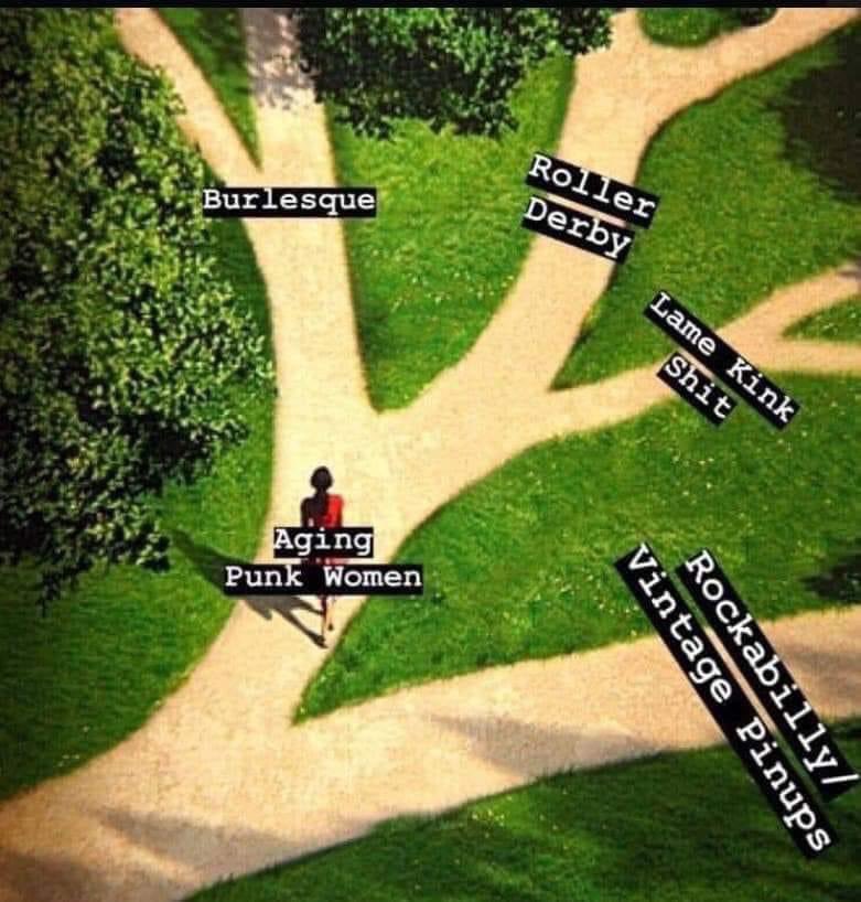 MzzMizery's tweet image. #AgingPunks #AgingPunkWomen What path to choose 🤔 🤣  I have yet to do #RollerDerby. #Burlesque #LameKinks #Rockabilly #Vintage #Pinup #Punk