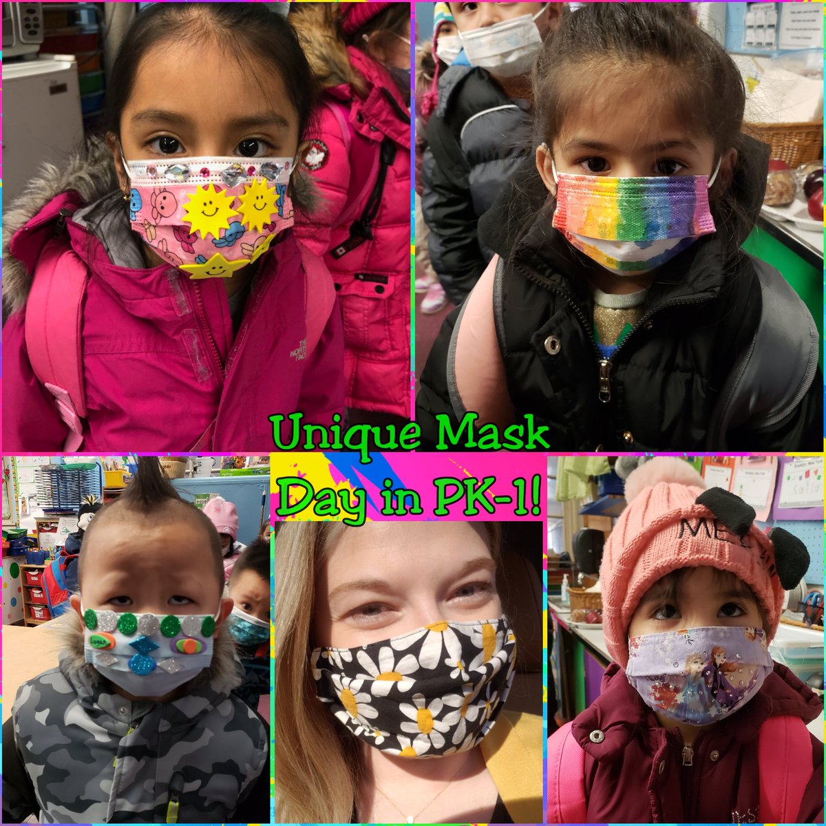 MsJanson220's tweet photo. Our colors are really shining! PK-1 friends are all unique for our Sock, Hat and Mask Day fun for @ps131K15 Spirit Week!  #ps131k15 @StamatinaH @Hannon131  @charve01 https://t.co/f6L0sldGcQ