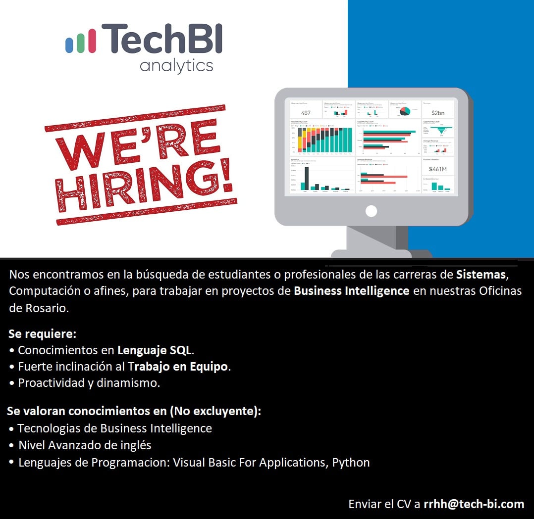 Tech_BI's tweet photo. ¡Te estamos buscando! Si tienes conocimientos en Lenguaje SQL y manejo de Bases de Datos, envíanos tu CV ahora: rrhh@tech-bi.com 

#Sistemas #SQL #BusinessIntelligence #CV #Empleo #jobs #Tecnologia #Python #VisualBasic #Analytics #AnalistaDeSistemas https://t.co/tpqZOOjbgd