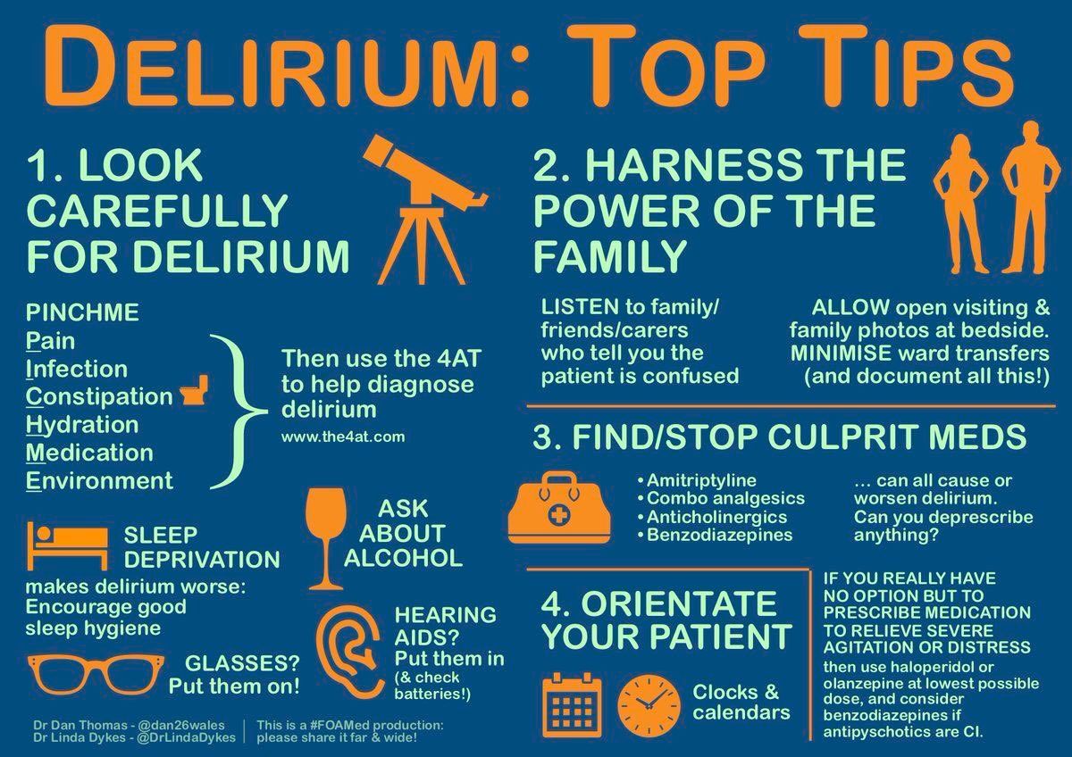 People with #delirium are often distressed &amp; can’t express their needs &amp; fears.

When with a person with delirium:
Introduce yourself
Re-orientate (place, date, what is happening)
Ask about &amp; evaluate causes of distress
Reassure
Involve family if possible

#WDAD2022