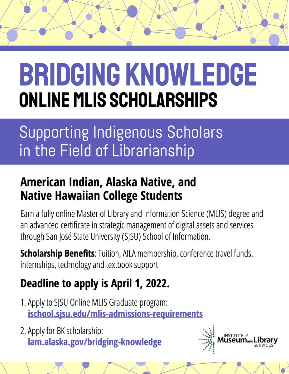 SJSUiSchool's tweet photo. The deadline for the Bridging Knowledge Online MLIS Scholarships has been extended to April 1! To learn more about the scholarships, click here: https://t.co/2aufz6KHGP

#SJSULIS #SJSU #iSchool #MLIS #INDIGENOUS https://t.co/ItRR9pGZY8