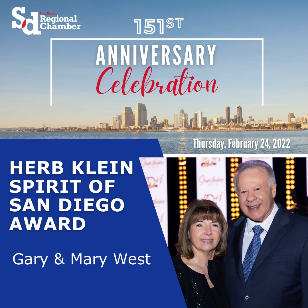 Meet this year's Herb Klein Spirit of San Diego Award recipients Gary &amp; Mary West! Join us in recognizing their dedication and significant, lasting impact on lowering the cost of healthcare and improving care for seniors at #Chamber151: sdchamber.org/event/151stann…