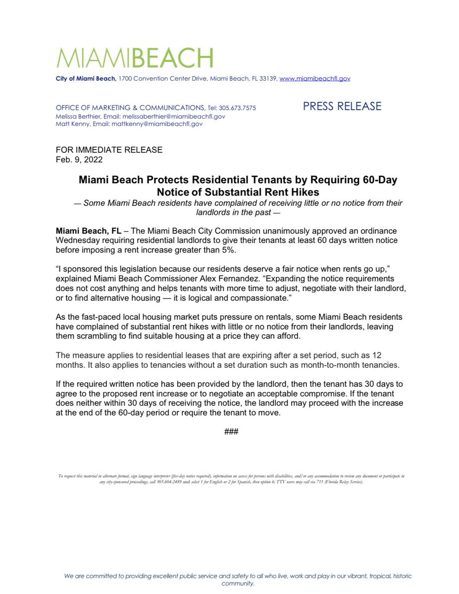 MiamiBeachNews's tweet photo. Miami Beach Protects Residential Tenants by Requiring 60-Day Notice of Substantial Rent Hikes 
— Some Miami Beach residents have complained of receiving little or no notice from their landlords in the past—

Details: https://t.co/SSL8OuvwIW https://t.co/JmoaHJS2Q4