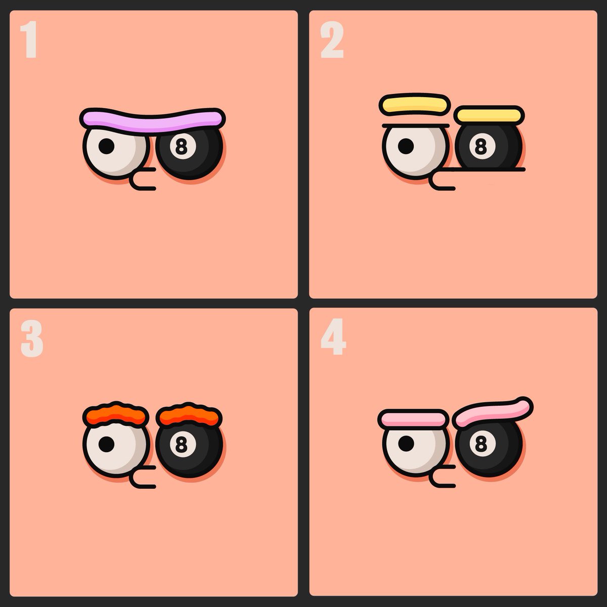 ThePossessedNFT's tweet photo. Have your say on the 8 ball eyebrows 👀 What do the Posse think… 1️⃣,2️⃣,3️⃣ or 4️⃣? https://t.co/XA5e6mUwqX