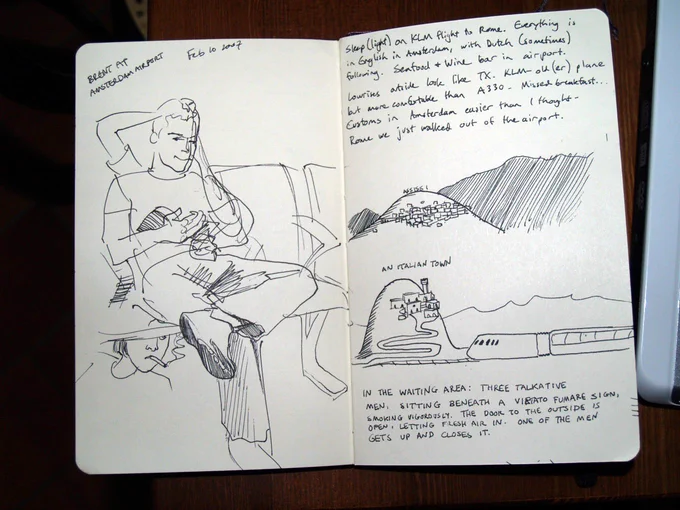 Fifteen years ago today I flew from Montana to Italy. En route I began my sketching habit in a Moleskine my painting prof Sara Mast suggested I bring. 
