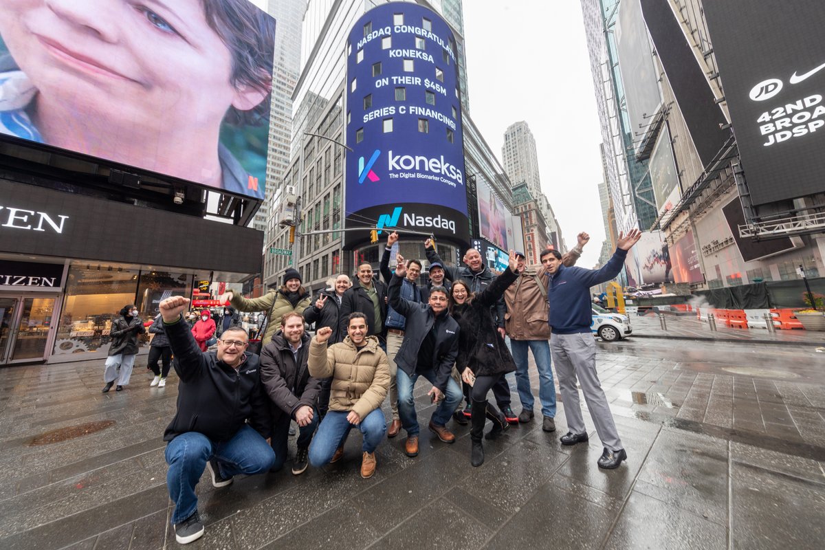 A few of our NYC-based team celebrated in Times Square - and the rest of us joined in remotely - when our news was featured on the NASDAQ marquee! (Want to join the celebration? We’re hiring!) 

bit.ly/3gDCOp7 

#discoverKoneksa #digitalbiomarkers #clinicaltrials