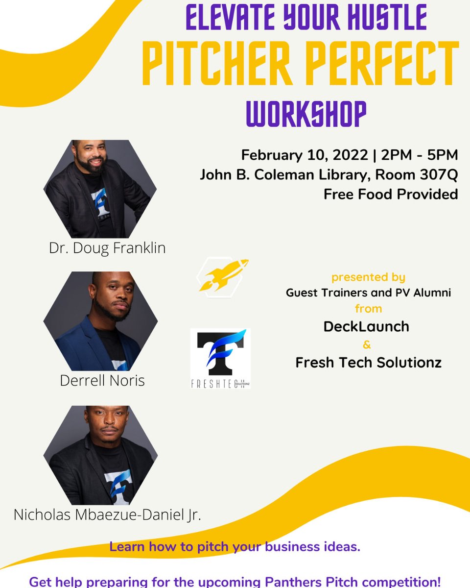 PVAMUresearch's tweet photo. #ICEED is hosting a Student Pitch Workshop where you will learn to present your business ideas.
The interactive presentation with @PVAMU alumni from @DeckLaunch & @FreshSolutionz .
And get tips on upcoming Panthers Pitch Competition!
Register now! Food will be provided! https://t.co/CJm7DFAXei