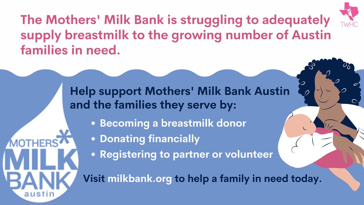 Facing reduced donations, Mothers’ <a href="/MilkBank/">Mothers' Milk Bank</a> Austin needs breast milk donors to meet the growing need of the families they serve. 

Visit milkbank.org to find out how to become a donor and support Mothers’ Milk Bank.