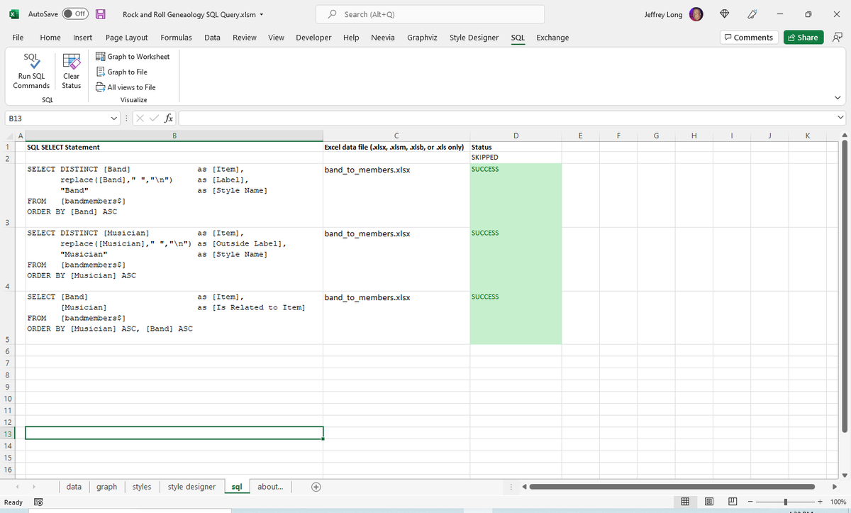 ExcelToGraphviz's tweet photo. @interstar Took a 2-column spreadsheet listing 445 musicians from 134 Rock bands, 633 connections. Applied 3 Excel SQL queries.  Visualized the relationships using Graphviz. You can see different music genres (British invasion, Punk, etc.) evolve and cluster. https://t.co/p1eemo2nbx