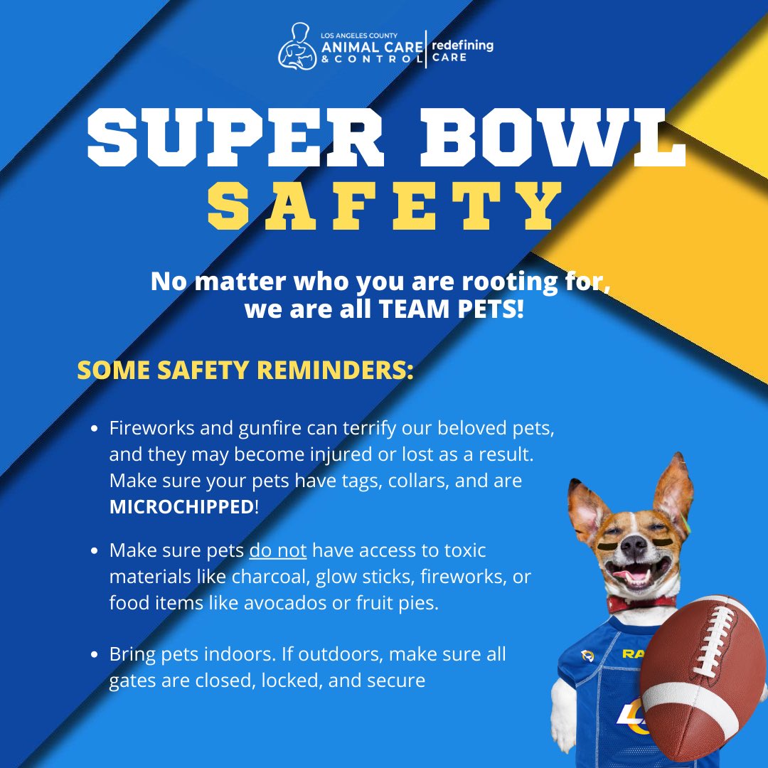 LACoAnimalCare's tweet photo. It's almost Super Bowl TIME! While it's an exciting time for our communities, it's also important to remember these safety tips for our beloved pets. We want to make sure they all remain safe and comfortable this weekend.
Stay safe, LA!
#daccares https://t.co/Xj2lqxp3F2