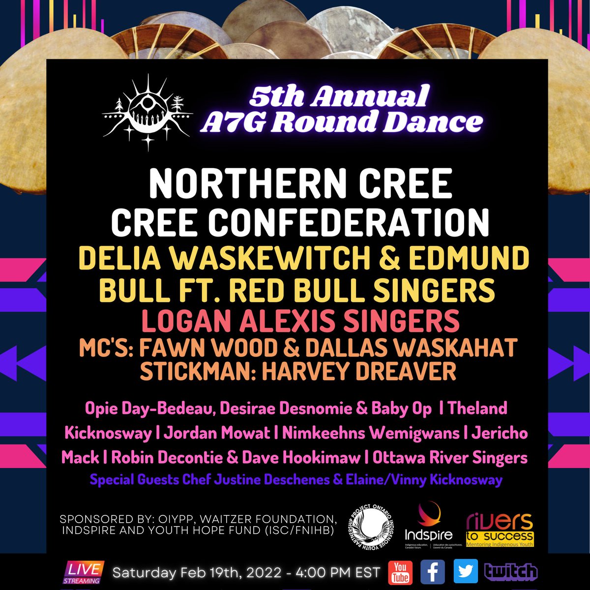 A7G_Official's tweet photo. Our 5th Annual Round Dance is coming up on Saturday, February 19th, 2022 and we’ll be streaming live on YouTube, Facebook, Twitter and Twitch!

#a7g #assemblyofsevengenerations #rounddance https://t.co/VqC6cHHaaj