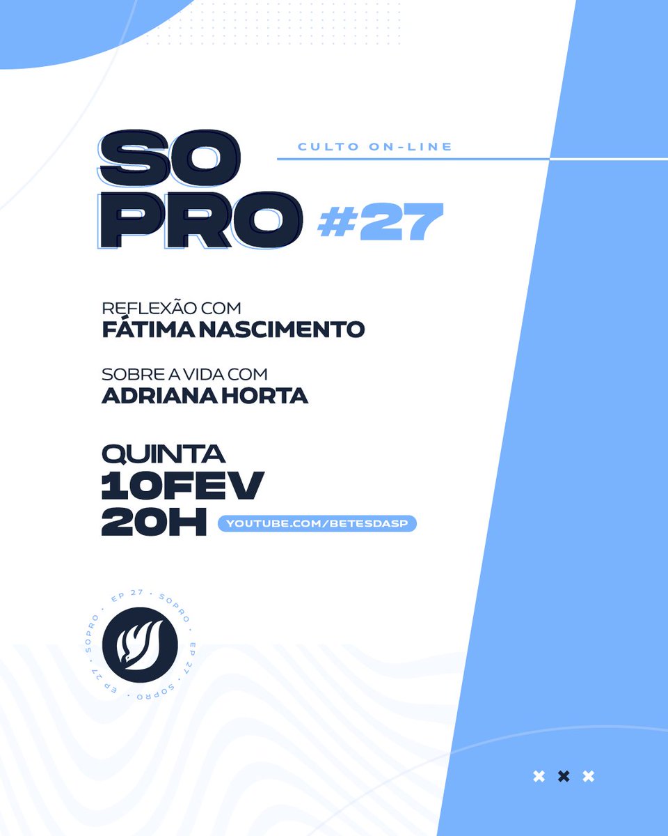 Quinta, 10 de fevereiro às 20h, acontece o Sopro #27. Neste episódio vamos conhecer um pouco sobre a vida da líder do Ministério de Surdos da Igreja Betesda, nossa amiga Adriana Horta.

📺 youtube.com/betesdasp
🔔 Ative as notificações