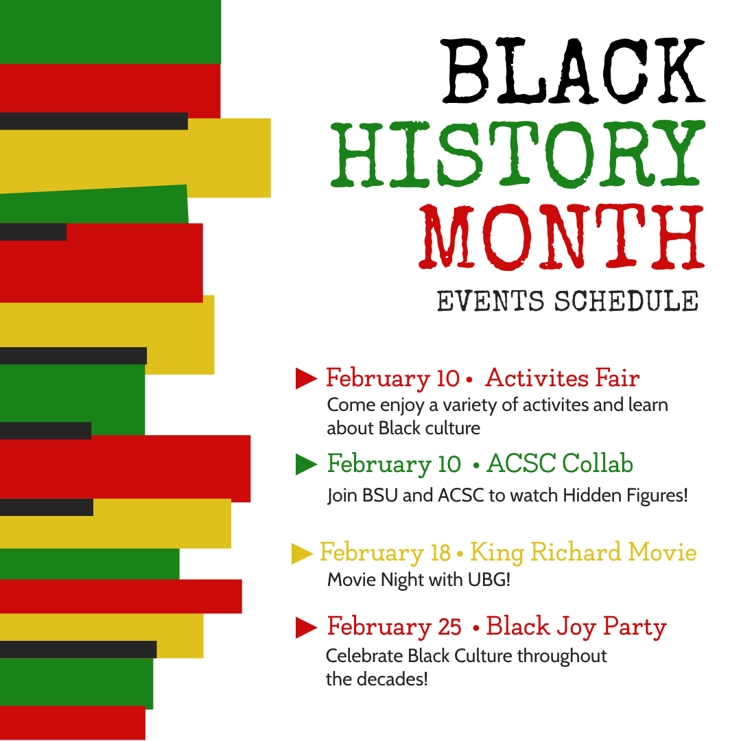 AugustanaSD's tweet photo. The Black Student Union, @AUdiversitySD and Augustana are excited to share events for Black History Month.

- BSU Activities Fair
Feb. 10 | 5 p.m. | 2-in-1 room 

-  @augieubg movie night | Feb. 18

- Black Joy Party
Feb. 25 | 9 p.m. | Elmen 

See you there! | #WeAreAU https://t.co/ZTG0qxd7pu