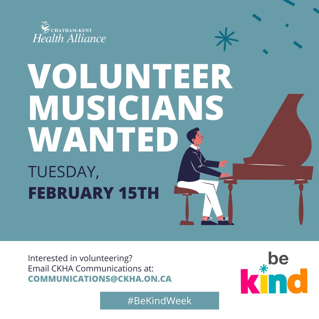 yourtvck's tweet photo. Attention all musicians!! The @ckhamedia is looking for interested musicians to volunteer and spread kindness while sharing their musical talents.
If you or someone you know may be interested in this great opportunity, please contact them at communications@ckha.on.ca
#BeKindWeek https://t.co/wyVO07UgNg
