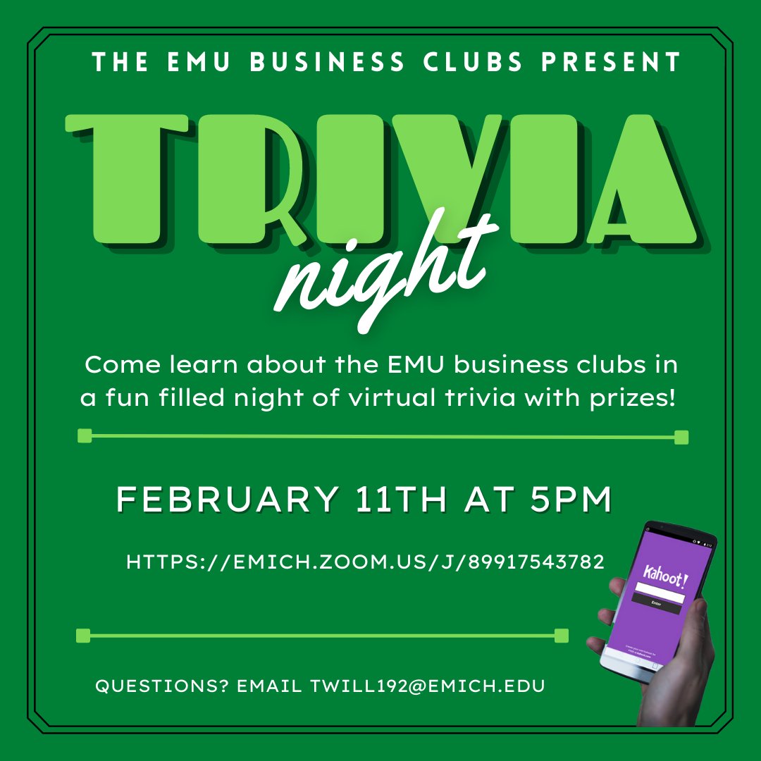 EMUSHRM's tweet photo. This Friday, 2/11 at 5pm, EMU SHRM, along with other EMU business clubs, will be hosting a virtual trivia night. Students will have the opportunity to learn about various EMU business clubs and participate in a fun-filled night of virtual trivia! See the flyer for more details! https://t.co/8s1FKUa6C9