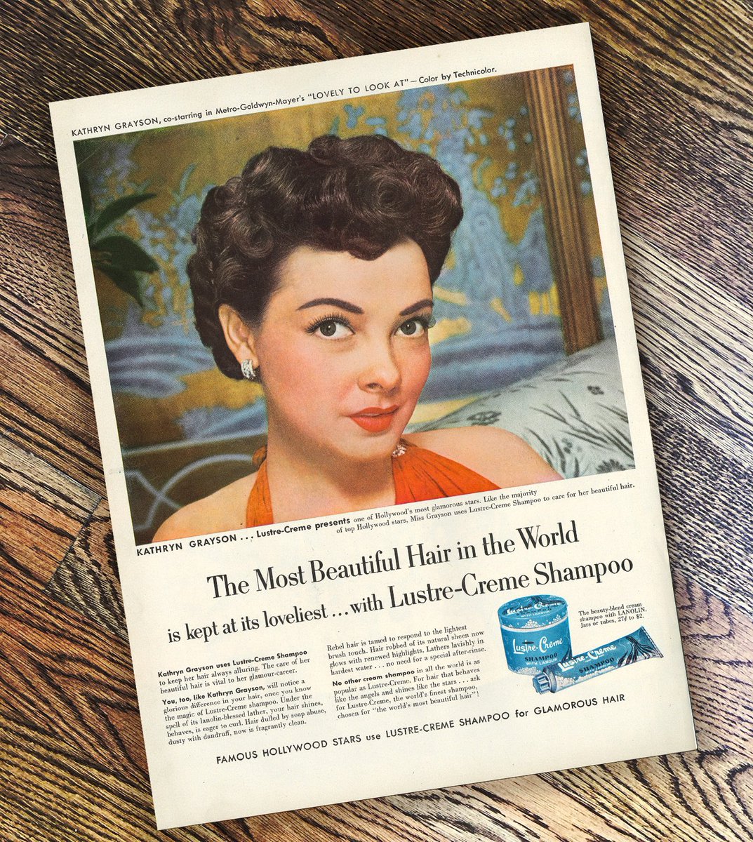 LoraStocker's tweet photo. Remembering #KathrynGrayson on her 100th birthday. She was born in 1922 in Winston-Salem, NC. According to this ad from my personal collection, her hair is "kept at its loveliest" thanks to Lustre-Creme Shampoo.
#LovelyToLookAt #TCMParty #BornOnThisDay #VisitWS #MGM https://t.co/WdLUxRENQh