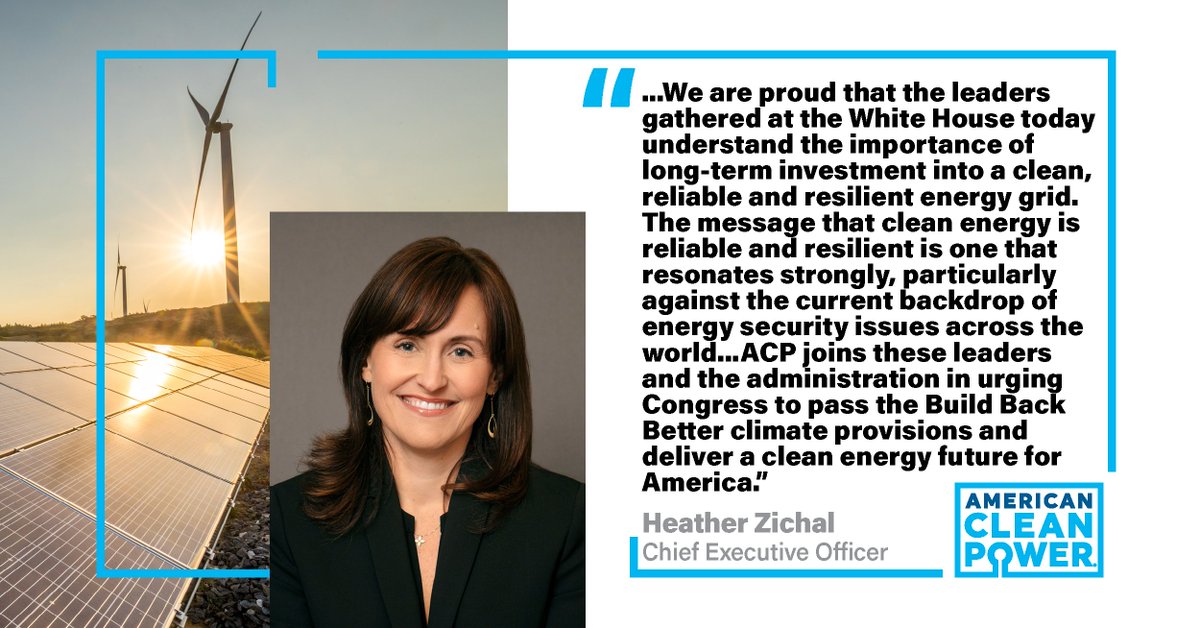 USCleanPower's tweet photo. ACP applauds the Biden administration today for meeting with the CEOs of leading utility providers – the backbone of American’s energy #infrastructure & vital players in @POTUS' #CleanEnergy & #climate agenda.
Read our CEO @hrzichal's full statement:
🔗https://t.co/ZRdAOzxIhV https://t.co/Oz3P3t5H7Z