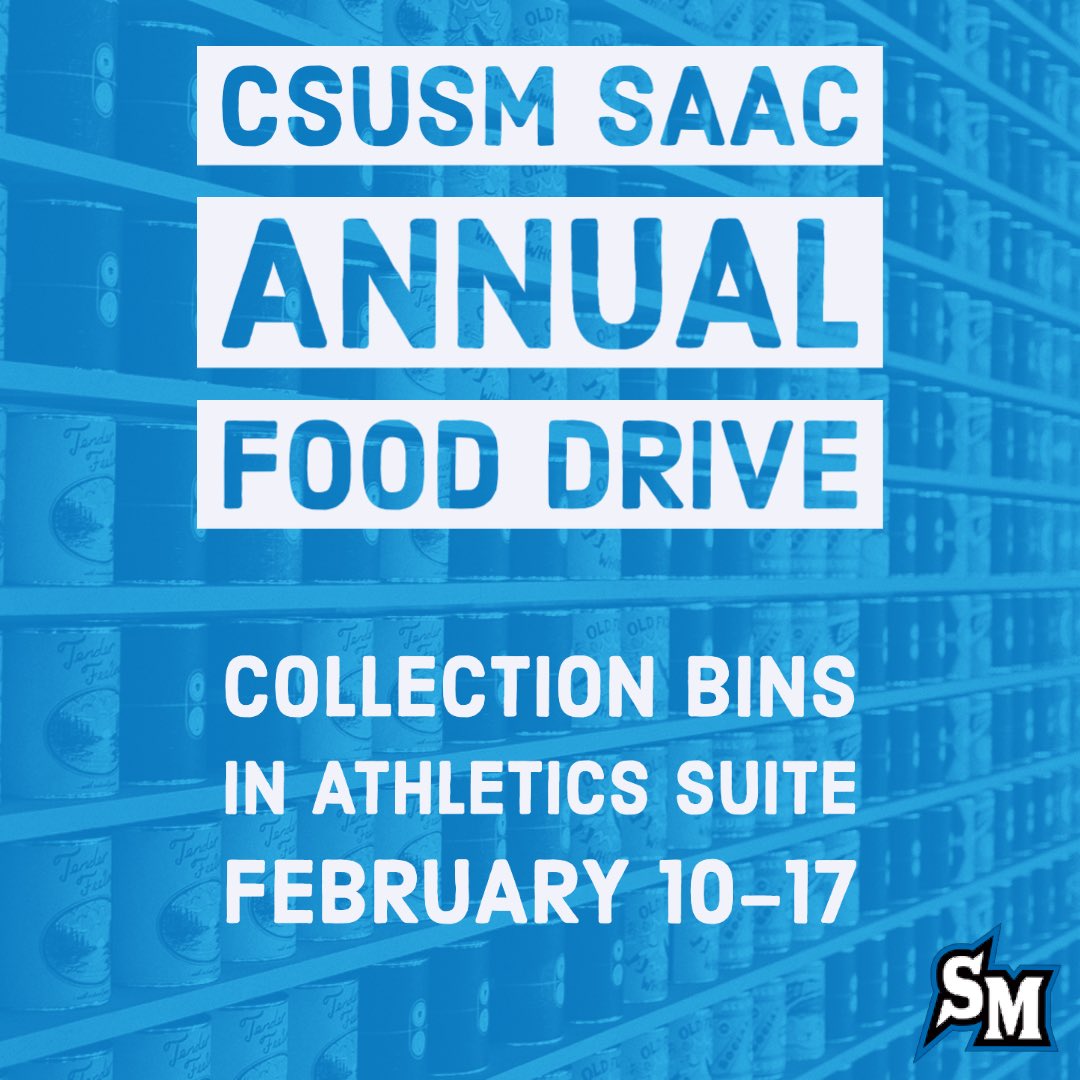 CSUSM_SAAC's tweet image. 💙🐾Hey Cougars! Tomorrow begins our Annual Food and Hygiene Products Drive. All donations support CSUSM students and our Cougar Pantry.
Please bring items to our Athletic Suites or to this weeks Women’s Basketball games! For virtual donations, link is in bio!