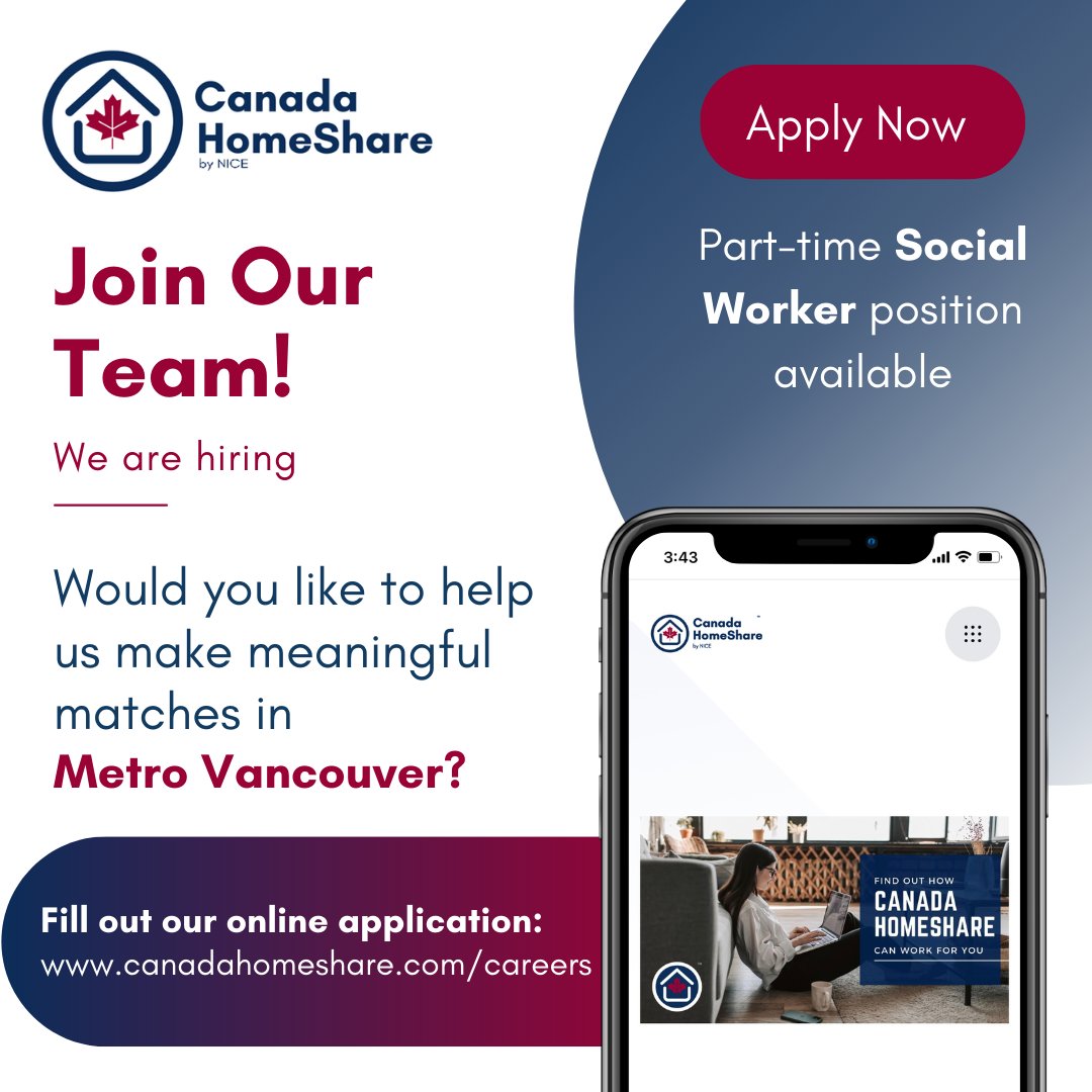 CanadaHomeShare's tweet photo. Reminder: We extended the application deadline for the Social Worker/Social Services Worker position in Metro #Vancouver and it is still open!
🔗LinkedIn: https://t.co/zlu19U0nqf or website: https://t.co/09FpUiPPaj
#hiring #job #career #socialwork #socialservicework https://t.co/Tfus2AYU27