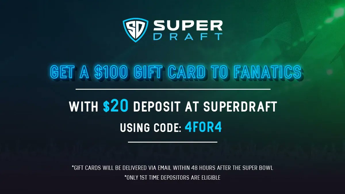 4for4football's tweet photo. 🗣 We're giving away 1 FREE 4FOR4 Betting subscription live on air during tonight's @MoveTheLineNFL live stream!

🎉To Win: Deposit $20 in a new @superdraftdfs account w/ code 4FOR4 &amp; send us a screenshot. You also get a $100 Fanatics gift card!

Deposit: https://t.co/do1OonXtN6 https://t.co/rfpPLTKqHd