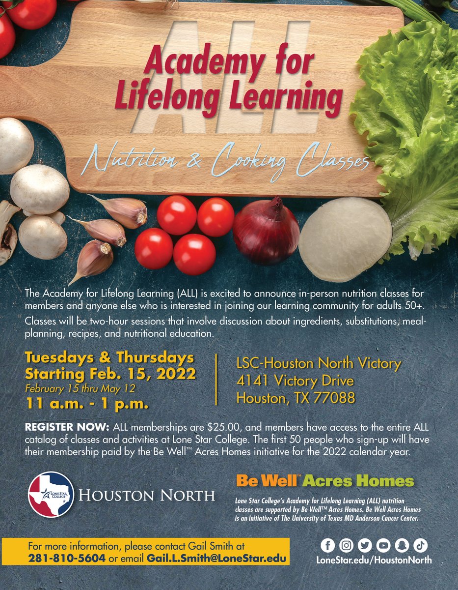 Near Northwest Management District (@nnmdorg) on Twitter photo Did you know?
<a href="/LSCHoustonNorth/">LSC-Houston North</a> recently partnered with MD Anderson to provide free nutrition classes for seniors that are 50 and older in the Acres Homes area. The classes include: How to prepare healthy meals, using modern kitchen appliances and so much more! Register Now! Did you know?
<a href="/LSCHoustonNorth/">LSC-Houston North</a> recently partnered with MD Anderson to provide free nutrition classes for seniors that are 50 and older in the Acres Homes area. The classes include: How to prepare healthy meals, using modern kitchen appliances and so much more! Register Now!