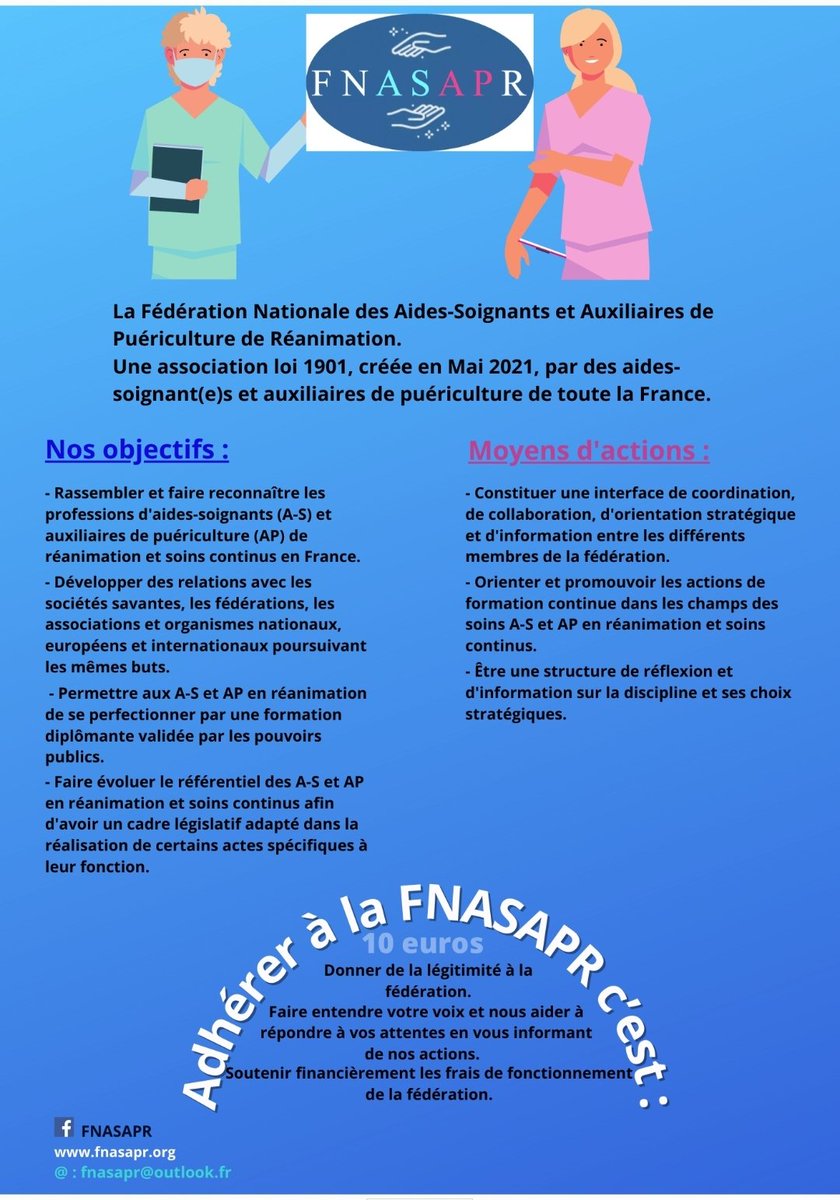 fnasapr's tweet photo. La FNASAPR-Fédération Nationale des Aides-Soignants et Auxiliaires de Puériculture de Réanimation œuvre pour la reconnaissance de la spécificité des A-S et AP de réanimation, pour la formation (FAE), pour la création d'un référentiel A-S et AP en soins critiques. https://t.co/KQqpx8TGLS