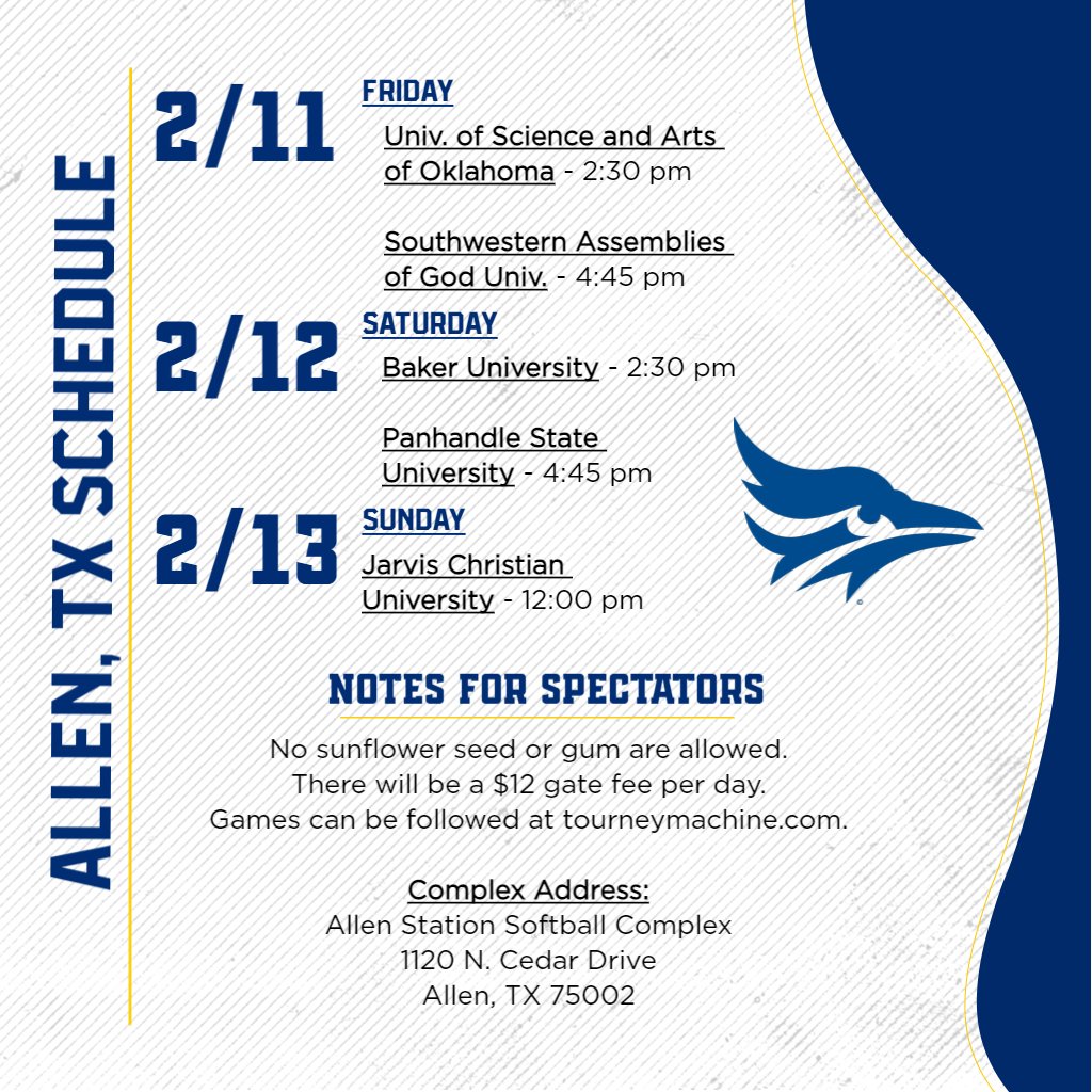 Hey Tabor Softball Fans!

We are PUMPED to get on the field this weekend in Allen, TX.  See the attached picture for details!

#GoJays #TaborCollege #LadyJays