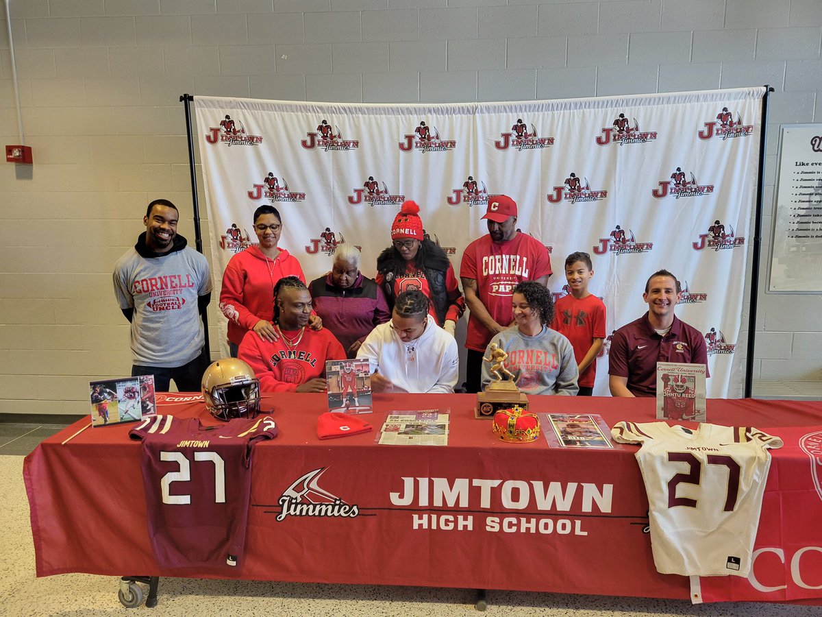 JimtownHigh's tweet photo. Congratulations to our very own Johntu Reed who committed to Cornell University to continue his academic and football career. A great kid who will do great things!  Congratulations!  #WeAreJimtown https://t.co/tMs1mkGGHR