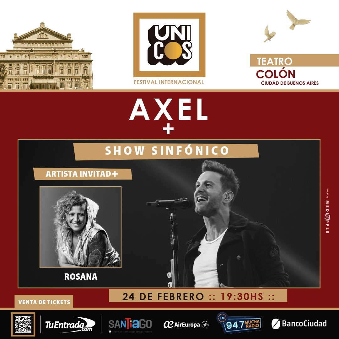 AxelOficial's tweet photo. Para mi es un honor anunciarles que la última invitada para el concierto en el @TeatroColon es la grandísima @RosanaOficial! La admiración y el respeto hacia vos es enorme!!
Nos vemos el 24/2!!

Link de entradas 🎫 https://t.co/PWFPqBbvnC

#LaMusicaNosUne 🙏 https://t.co/LJGkWIluSH
