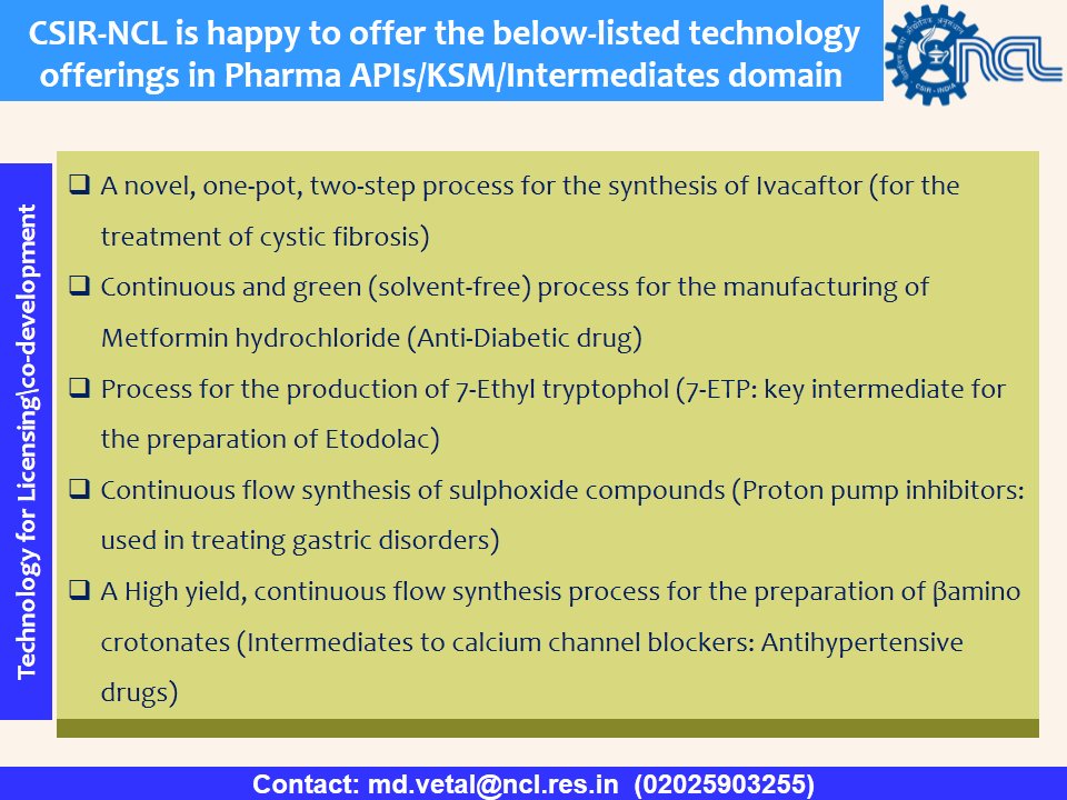 nclinnovations's tweet photo. CSIR-NCL is happy to offer the below-mentioned technology offerings in Pharma APIs/KSMs/Intermediates domain.
Kindly revert, If you are interested in the listed technology offerings @csir_ncl @CSIR_IND @AshishLele3467 @premnathv6 https://t.co/PcD5YPX9Lz