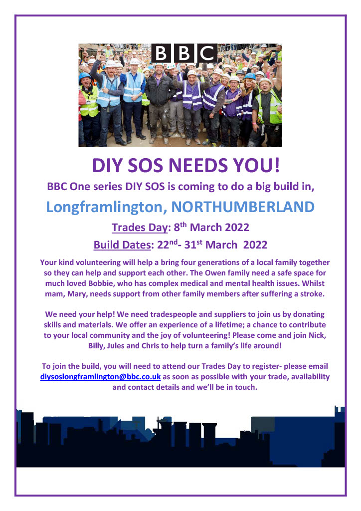 DIYSOS's tweet photo. TRADES AND SUPPLIERS OF NORTHUMBERLAND! WE NEED YOU! Please come and help us on our build in Longframlington delayed for 2 YEARS due to Covid. Starting on the 22nd - 31st March 2022. Come and do something amazing for an incredible family. 

@MrNickKnowles 
#bbcone
#amazingpeople https://t.co/Mef532x8uv