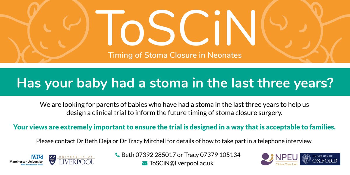 Dr Tracy Mitchell (@trakmitch) on Twitter photo Has your baby had stoma closure surgery in the last 3 years? We would ❤️to hear your views as they could inform the future timing of stoma closure for babies. Please contact <a href="/trakmitch/">Dr Tracy Mitchell</a> <a href="/BethDeja/">Dr Beth Deja</a> or email ToSCiN@liverpool.ac.uk to take part in a telephone interview. Please share. Has your baby had stoma closure surgery in the last 3 years? We would ❤️to hear your views as they could inform the future timing of stoma closure for babies. Please contact <a href="/trakmitch/">Dr Tracy Mitchell</a> <a href="/BethDeja/">Dr Beth Deja</a> or email ToSCiN@liverpool.ac.uk to take part in a telephone interview. Please share.