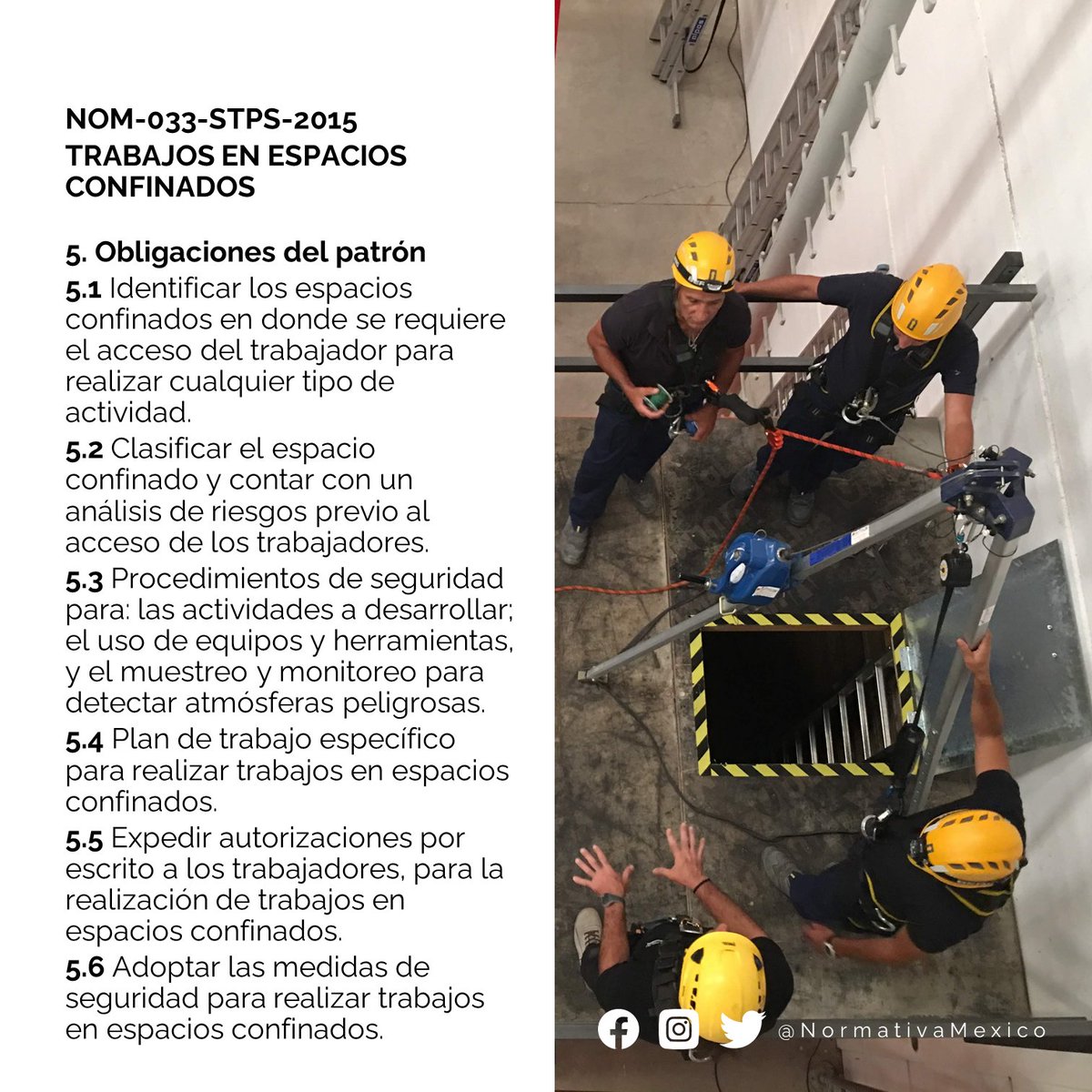 NormativaMexico's tweet photo. Objetivo: Establecer las condiciones de seguridad para proteger la integridad física y la vida de los trabajadores que realizan trabajos en espacios confinados, así como prevenir alteraciones a su salud. #NormativaMexico #NOMSTPS https://t.co/6iZCswXA4w