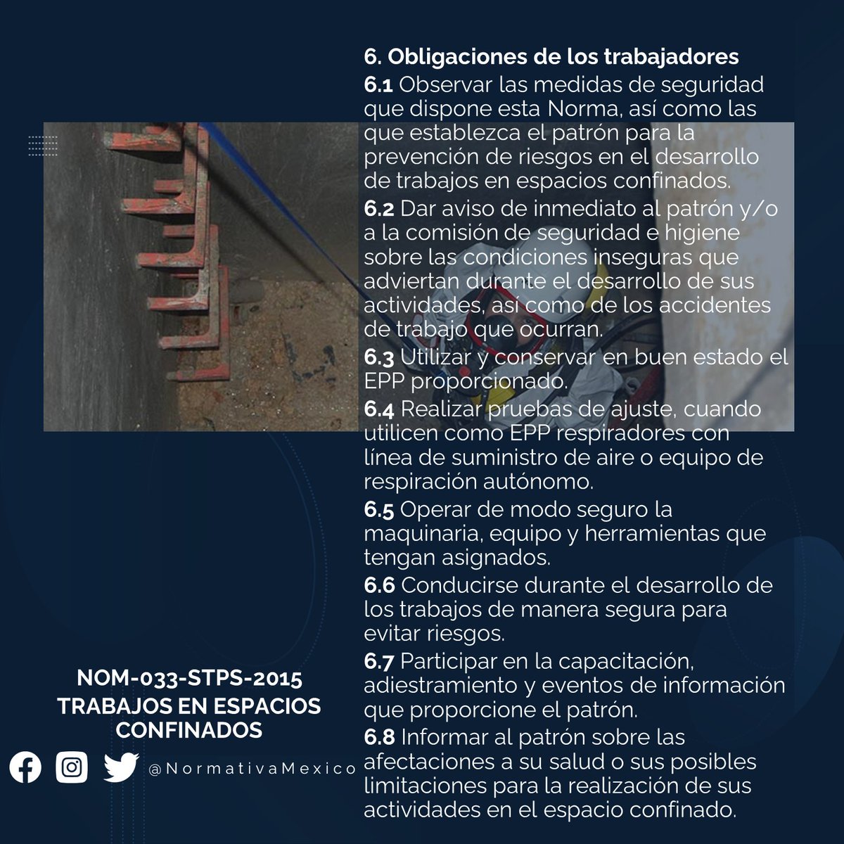 NormativaMexico's tweet photo. Atmósfera respirable: Aquella que presenta una concentración de oxígeno entre 19.5% y 23.5% en volumen y, en su caso, concentraciones de sustancias químicas peligrosas por debajo del nivel de acción.
#NormativaMexico #NOMSTPS https://t.co/MDWRSyyqfe