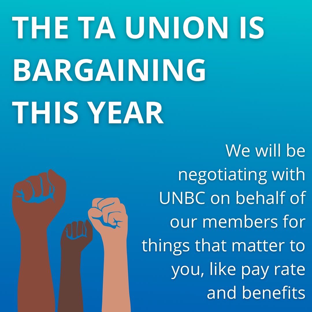 unbccupe2278's tweet photo. We’re bargaining this year! This is our chance to make changes to the TA experience that will benefit all TAs at UNBC. Elect the people to represent you in negotiations with the university.
#union #cupe2278 #gradTA #UNBC #solidarity #advocacy #fairness https://t.co/LAMBcumjF2