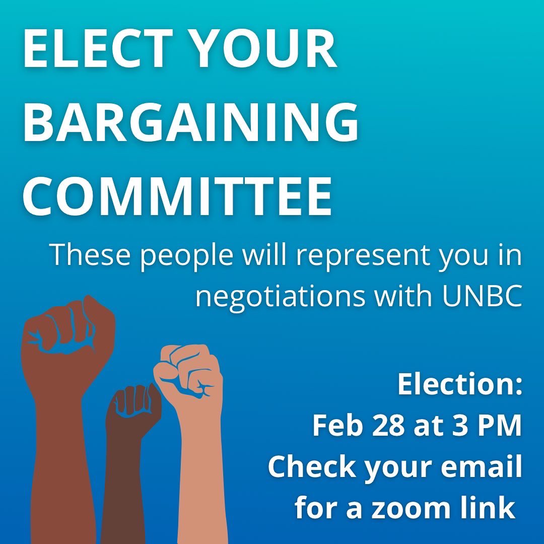 unbccupe2278's tweet photo. We’re bargaining this year! This is our chance to make changes to the TA experience that will benefit all TAs at UNBC. Elect the people to represent you in negotiations with the university.
#union #cupe2278 #gradTA #UNBC #solidarity #advocacy #fairness https://t.co/LAMBcumjF2