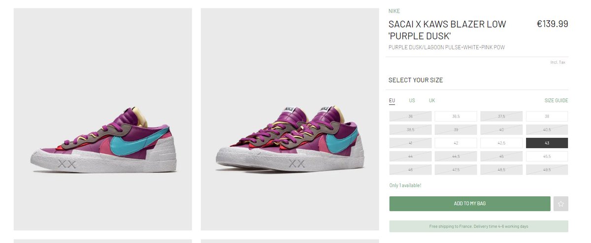 more_sneakers's tweet photo. AD : Few sizes on BSTN
KAWS x Sacai x Nike Blazer Low 'Purple Dusk'
FR:https://t.co/suqnwaqZL7
DE:https://t.co/ArZ4jCH2u0
NL:https://t.co/4Ldf7Isg3G https://t.co/1LbBV3BWL7