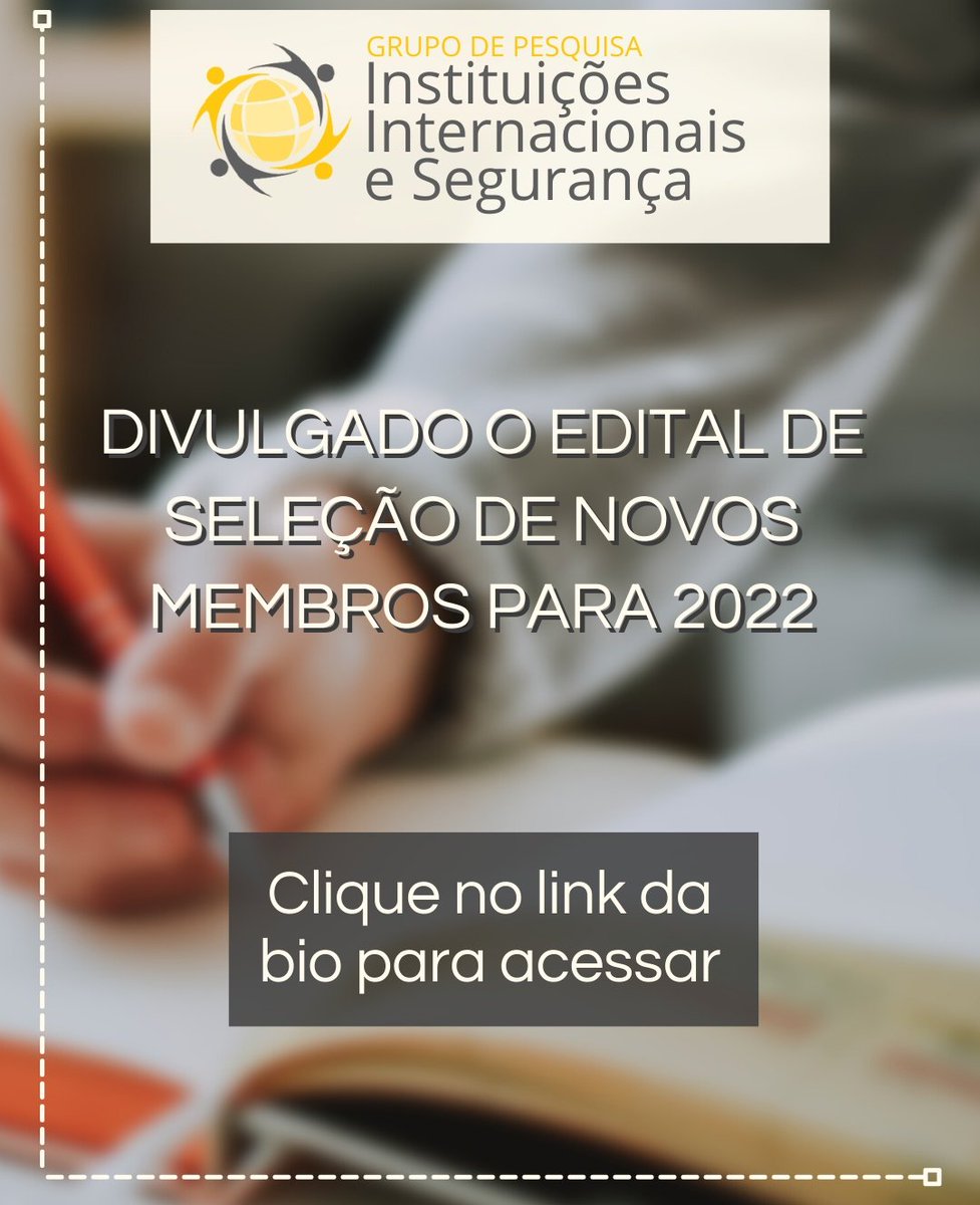 grupopiis's tweet photo. 🗓 Para começar o ano de 2022, estamos lançando hoje o Edital de seleção de novos membros para o Grupo de Pesquisa Instituições Internacionais e Segurança. 
👆 Todos os detalhes estão no link da bio e estamos à disposição para sanar quaisquer dúvidas! 📙💡 https://t.co/2eB9xVAJc6