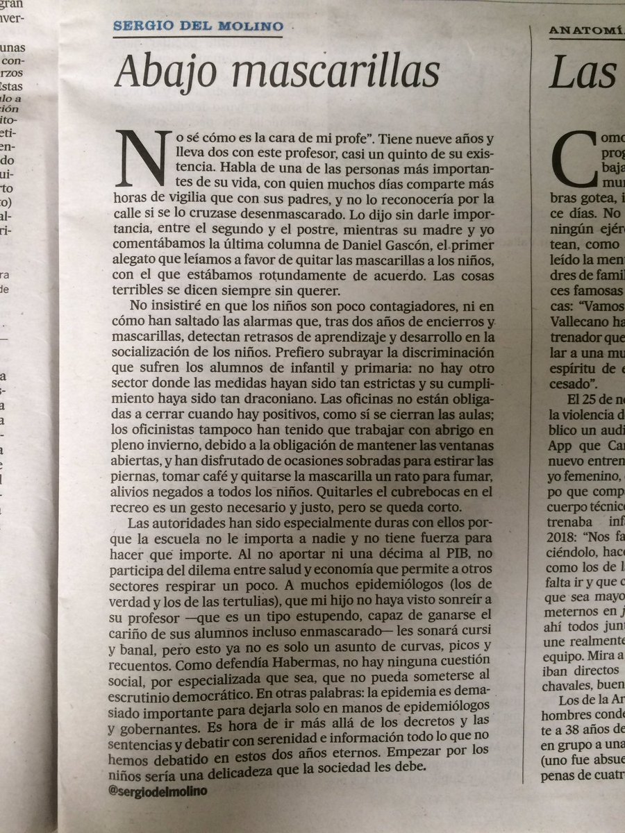 Hoy <a href="/sergiodelmolino/">Sergio del Molino</a> ha escrito esta columna, hace unos días <a href="/gascondaniel/">Daniel Gascón</a> hizo lo propio.
Hay que estar listos para este debate en las próximas semanas. Por todas las injusticias que rodean lo hecho con los niños. Como padre y pediatra lo entiendo perfectamente.
Foto de <a href="/RGMaldo/">Rafael Maldonado</a>