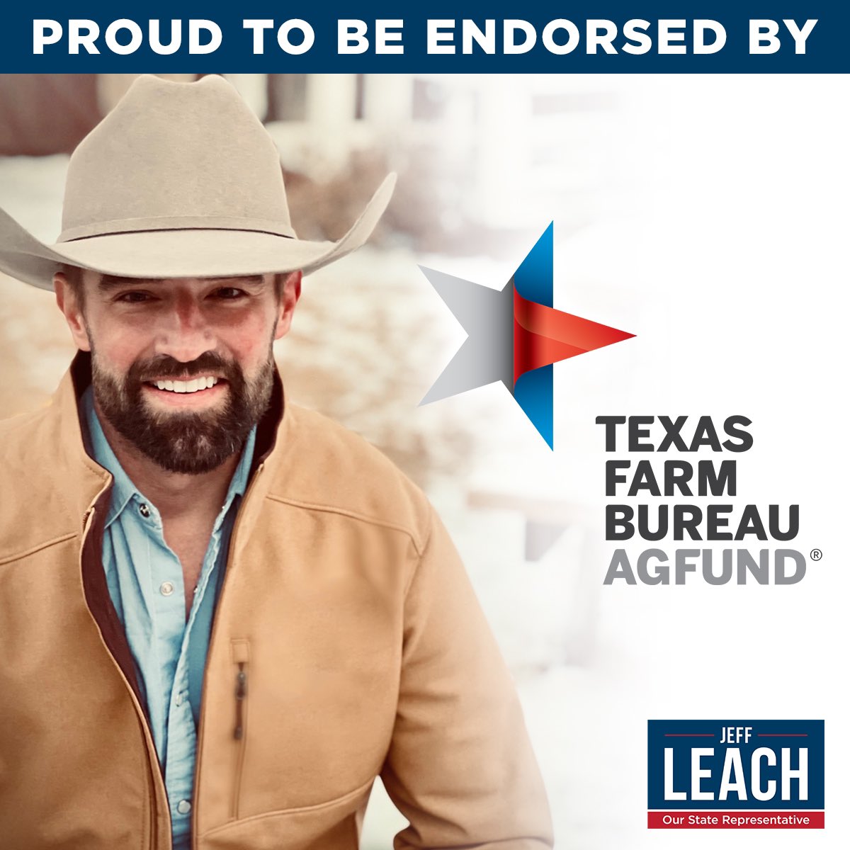 Proud to be endorsed by <a href="/TFBAGFUND/">TxFarmBureauAGFUND</a>! The leading voice for Texas Agriculture made up of over 500,000 member families — farmers &amp; ranchers committed to a responsible &amp; responsive government &amp; the protection of private property rights. I’m grateful for their support!