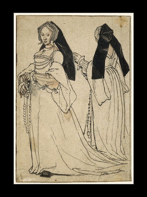 jdmccafferty's tweet photo. Two views of a woman wearing an English hood &amp; holding a rosary in front of her.
Hans Holbein the Younger, c. 1532-34.

(British Museum) https://t.co/bBGg9dYerc
