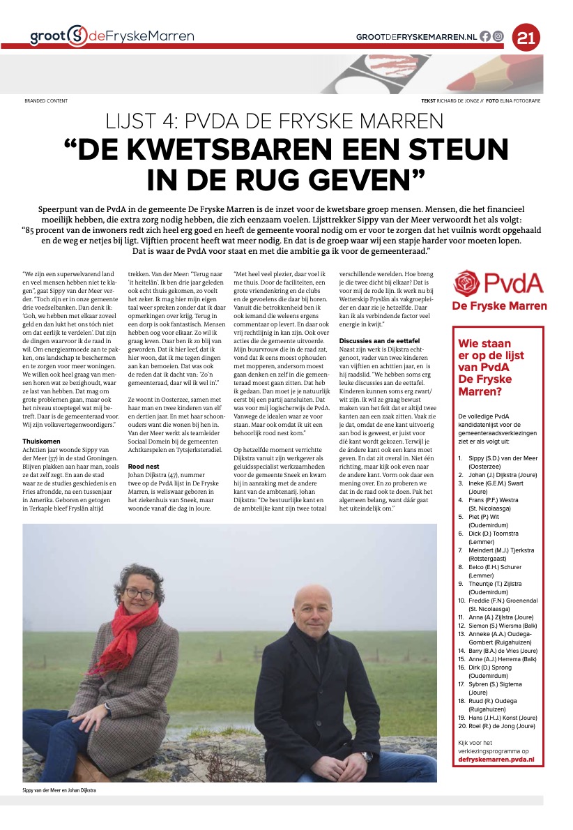 PvdAFrLMarren's tweet photo. Lees het interview met onze nr 1 en 2 van de lijst: Sippy van der Meer en Johan Dijkstra in een nieuwe editie van @GrootDeFM #oarsfoarut #PvdA https://t.co/5cdXaba6Xa