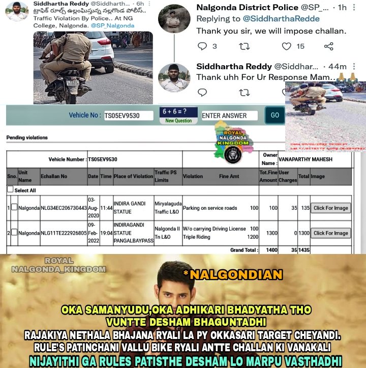 RoyalNalgonda's tweet photo. Good job bro👏@SiddharthaRedde👏
rules patinchaledhani me drustiki ragane challan vesaru me nijayithi ki,me dedication ki👏
@SP_Nalgonda thank you madam🙏deshaniki kavalisindi bhadyatha.desha marpu kosam,desham kosam nammukunna vari kosam bhadyatha ga vuntte andharu bhaguntaru✊ https://t.co/Mx7dmtp8oZ