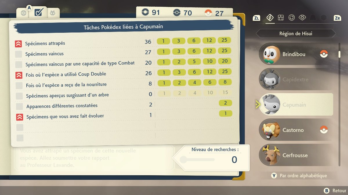 ktouktou's tweet photo. Est-ce que j'ai passé plusieurs heures à la colline aux #CAPUMAIN juste pour remplir la fiche du PokéDex d'une traite ? oui.
36 captures et 27 combats... pour l'instant !
#LegendesPokemonArceus #NintendoSwitch https://t.co/hT4JjHqfET