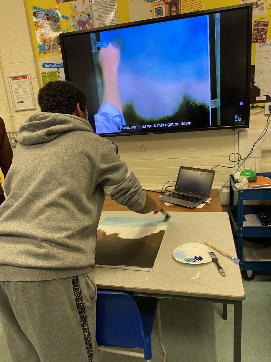 HuttieHattie's tweet photo. #resilientlearner ⁦@CranburyCollege⁩ KS3 student took control of his own learning today and put on a Bob Ross video. Guess I’m no longer needed in my own classroom, I blame ⁦@DavidArquette⁩ https://t.co/XcCMQ1HI5j