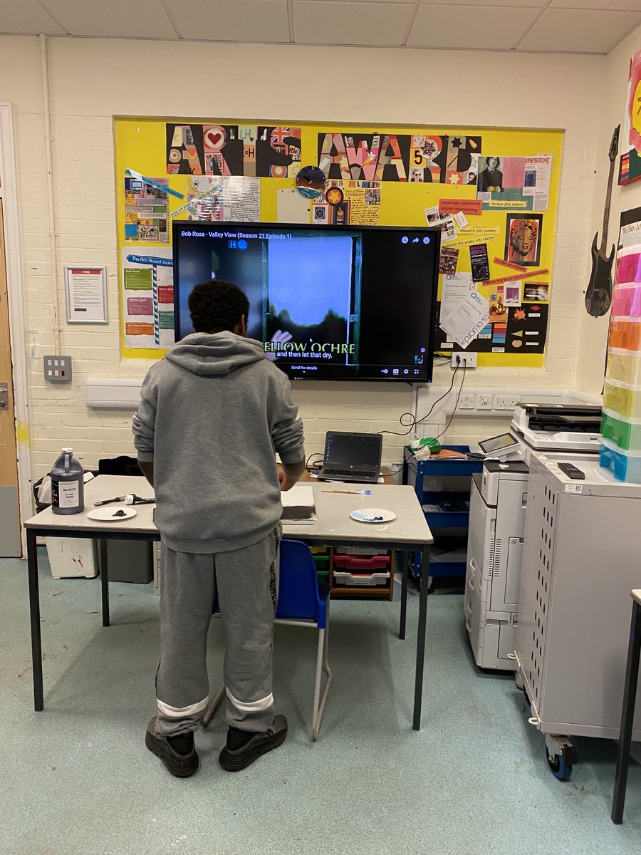 HuttieHattie's tweet photo. #resilientlearner ⁦@CranburyCollege⁩ KS3 student took control of his own learning today and put on a Bob Ross video. Guess I’m no longer needed in my own classroom, I blame ⁦@DavidArquette⁩ https://t.co/XcCMQ1HI5j